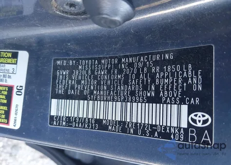 2016 Toyota Corolla Le z USA, uszkodzony, nr VIN 5YFBURHE9GP389965